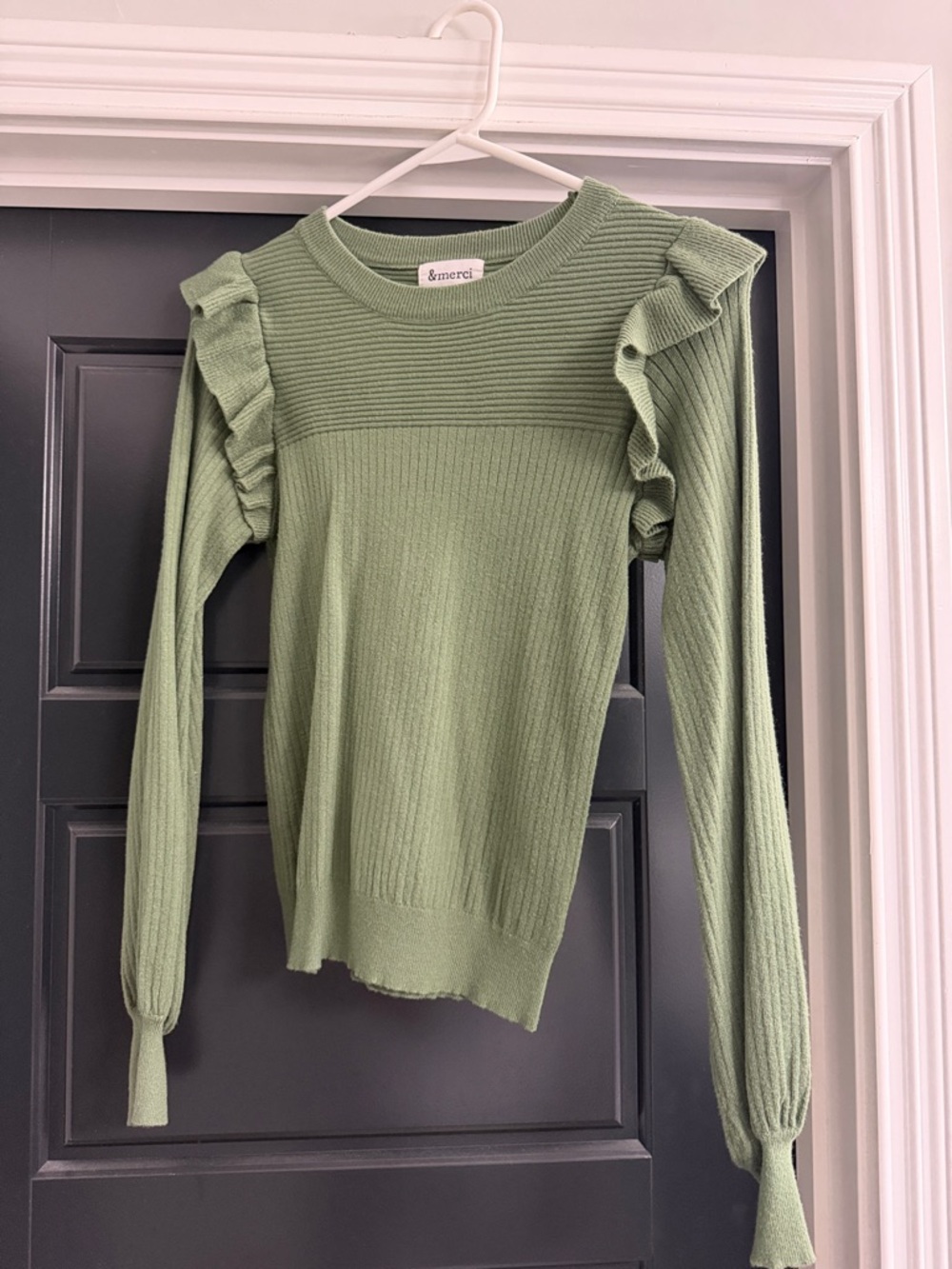 &merci Ribbed Ruffle-Shoulder Long Sleeve Top - Sage Green